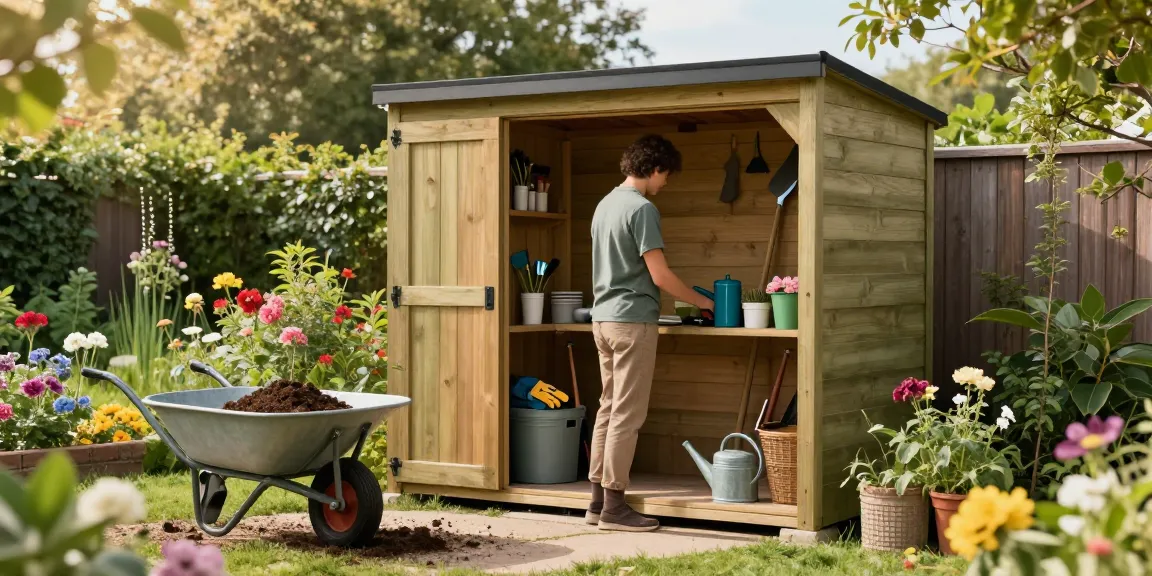 Garden Storage Solutions in a picturesque garden shed filled with tools and plants.