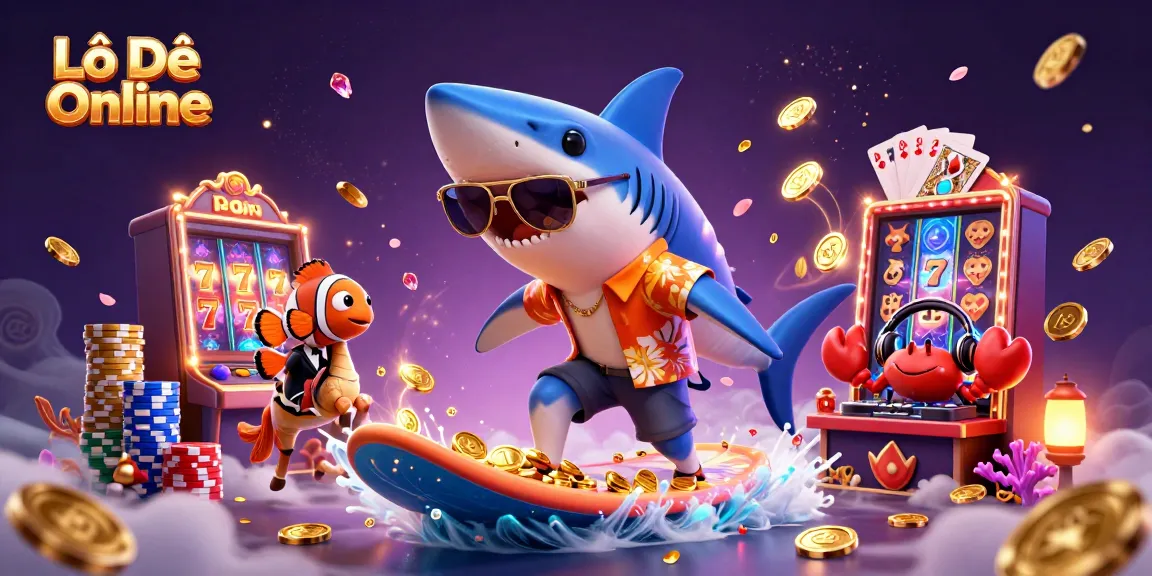 Engage with Lô Đề Online in a thrilling scene of a shark surfing gold coins, highlighting exciting gaming elements.