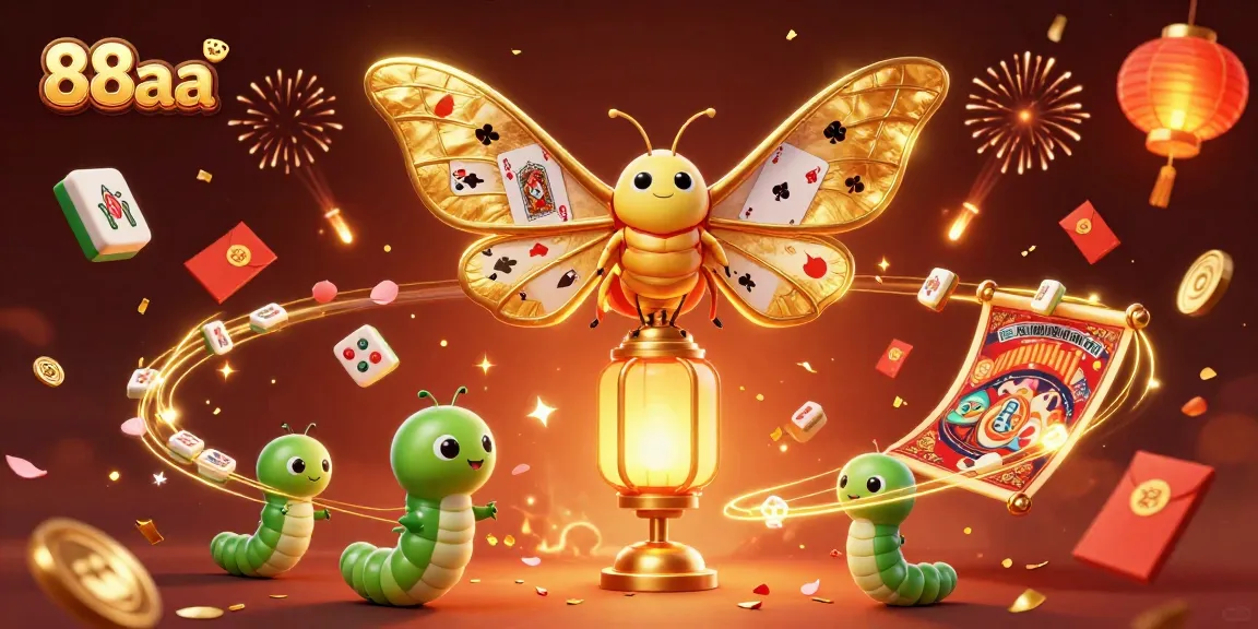 Engage with 88aa's vibrant scene featuring a golden moth and casino elements celebrating online gaming.