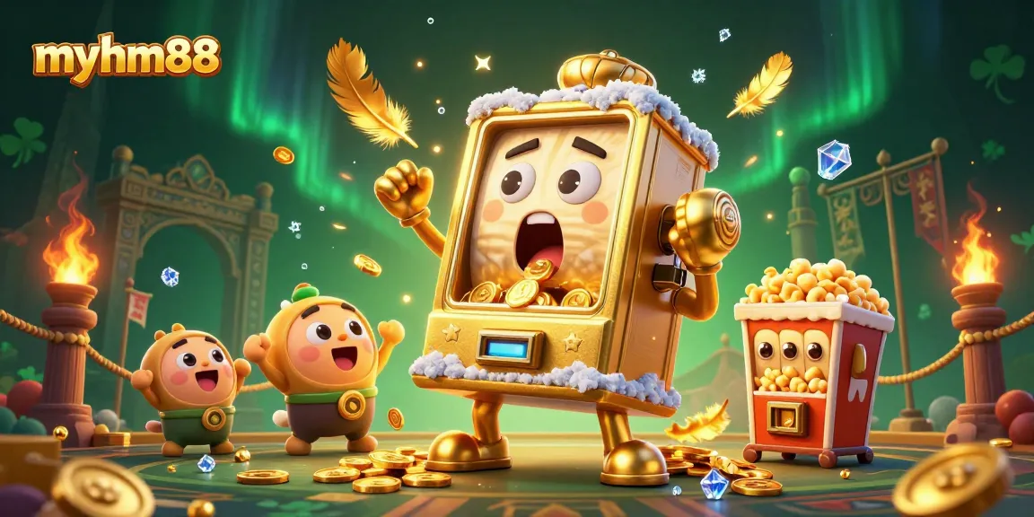 myhm88 features a shocking jackpot moment with a golden slot machine and cheering friends in a colorful casino scene