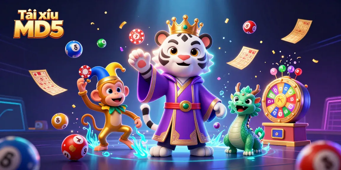 Tài xỉu MD5 showcases a vibrant scene with a royal tiger and a juggling monkey amidst a colorful gambling atmosphere.