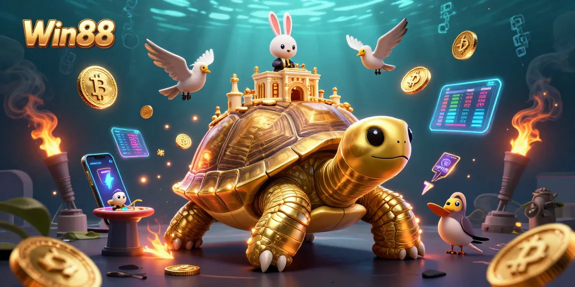 Experience the thrill at Win88 with a vibrant casino scene featuring a golden tortoise and a rabbit dealer.