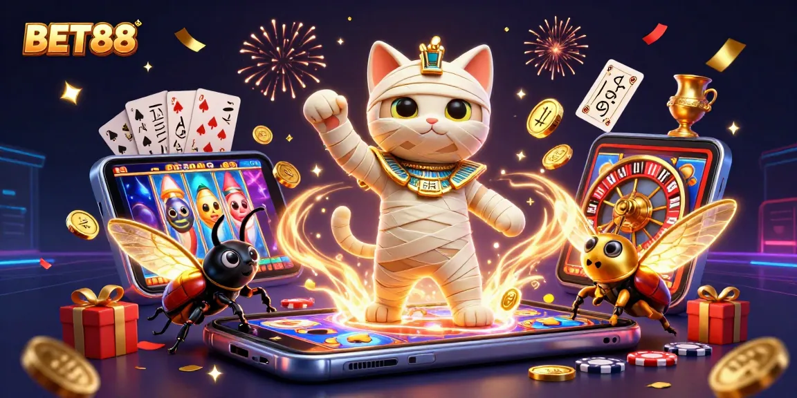 BET88 showcases a vibrant casino scene with an animated mummy cat and a glowing scarab capturing gaming excitement.