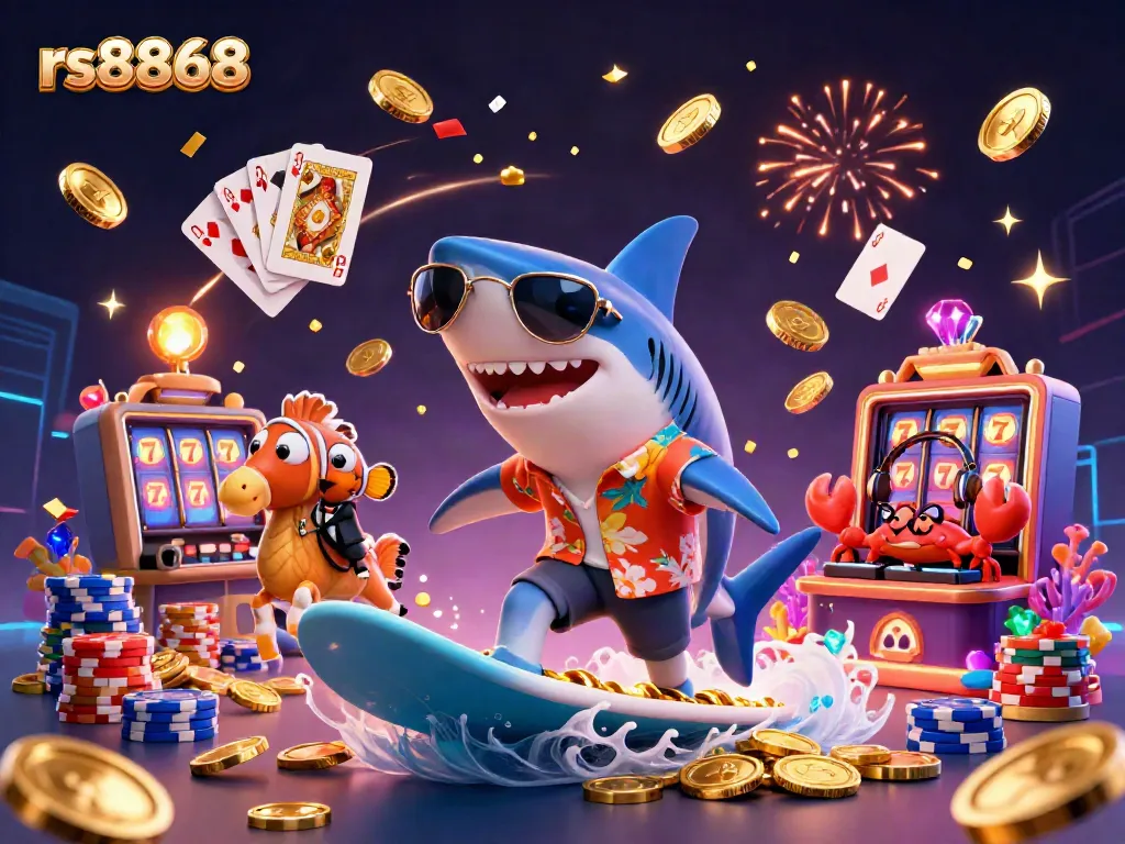 Experience excitement at rs8868 with a dynamic scene featuring a shark, clownfish, and crab amidst gold coins and casino elements.