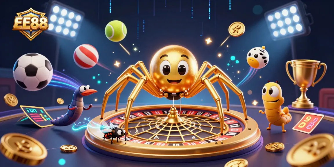 EE88's 3D cartoon scene with a golden spider and centipede croupier in a dynamic casino setting.
