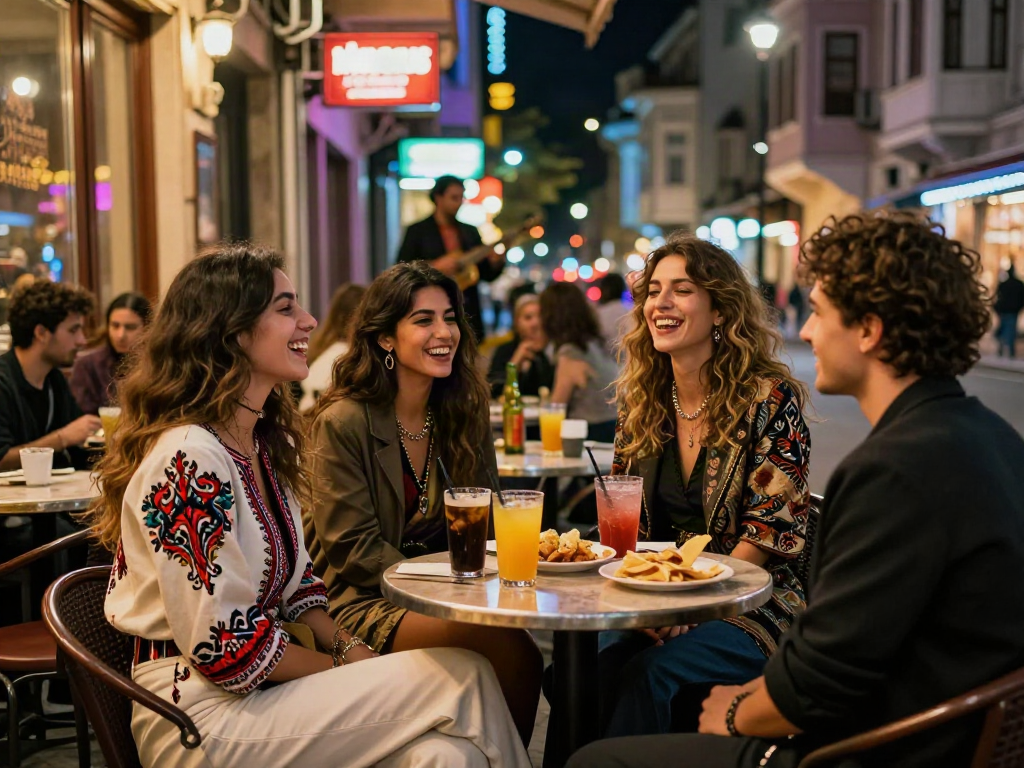diyarbakır escort ile hareketli bir şehir yaşamı sahnesi, moda akşam yemeği ve arkadaşlar ile sosyal etkileşim.