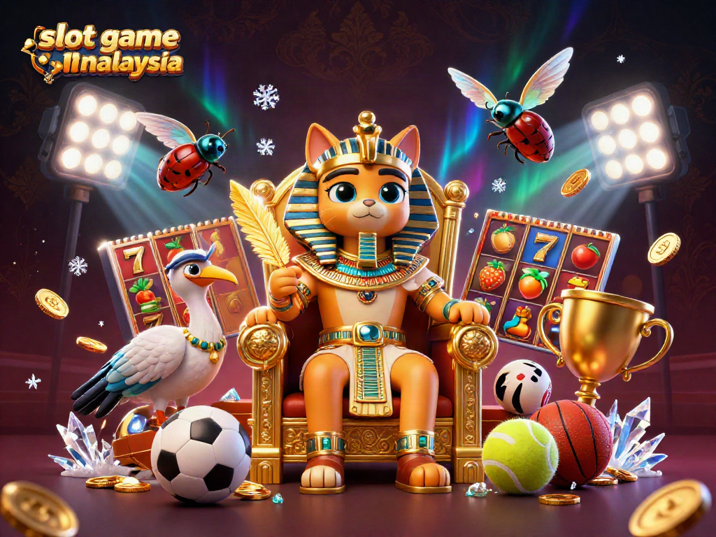 Engage with slot game online Malaysia featuring a pharaoh cat king in a dynamic casino scene