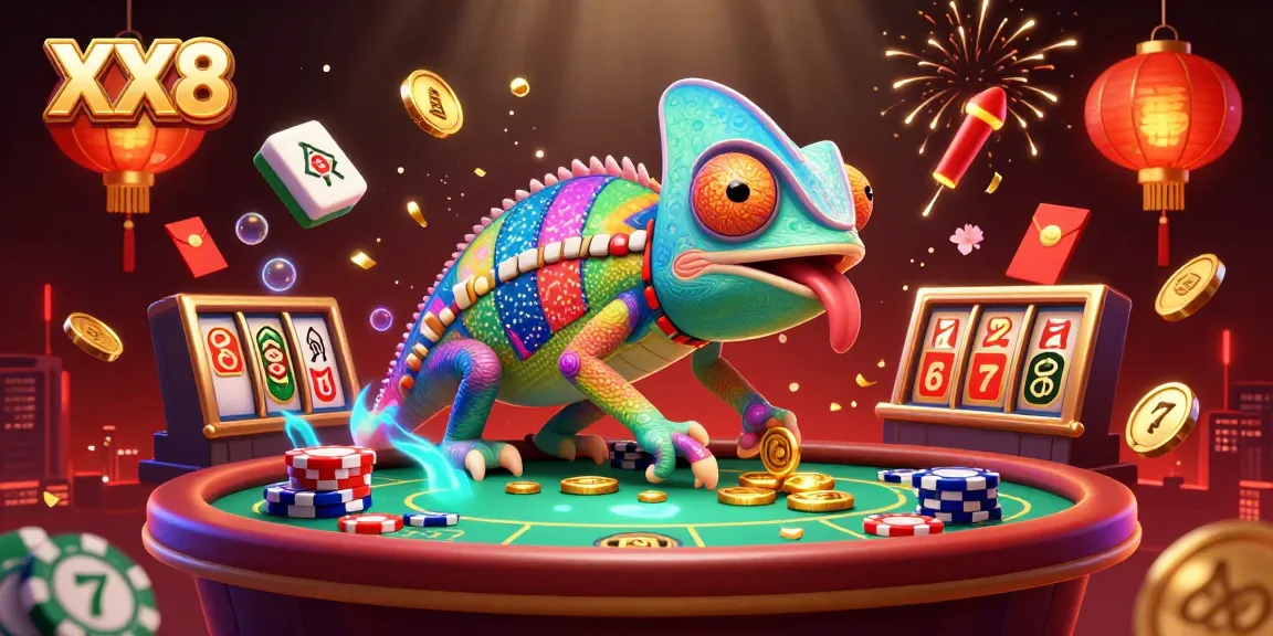 Experience the thrill of XX8 at the vibrant casino, featuring winning chameleon characters, festive atmosphere, and engaging slot reels.