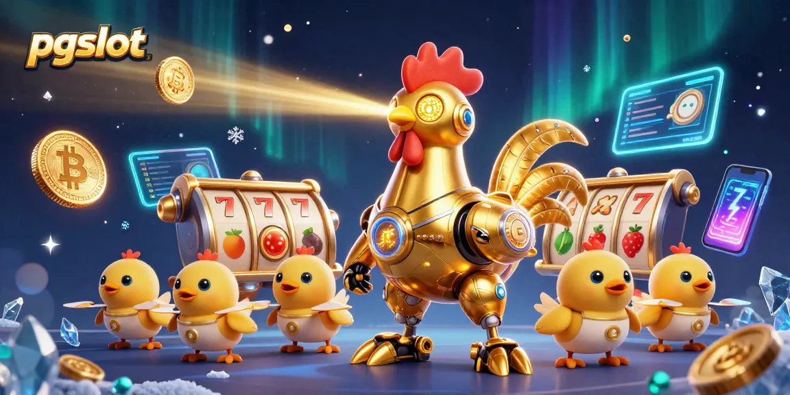 Engage with pgslot through a vibrant scene featuring a golden rooster robot and fun slot elements.