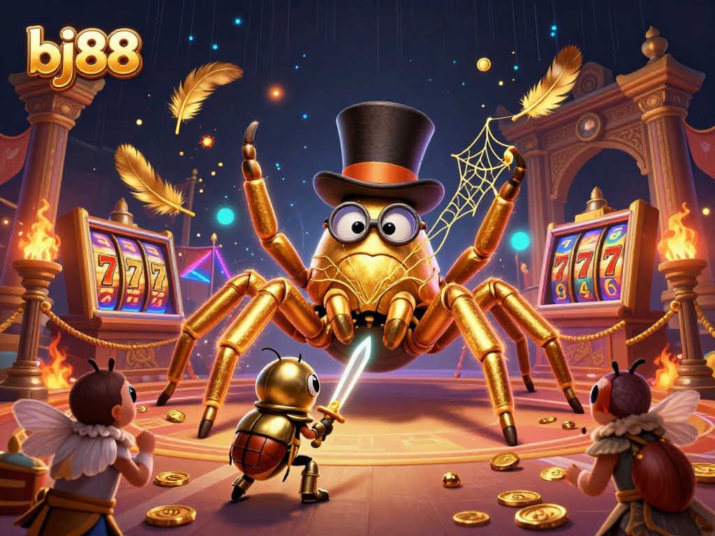 Engaging bj88 illustration showcasing a golden tarantula and knight surrounded by casino excitement.