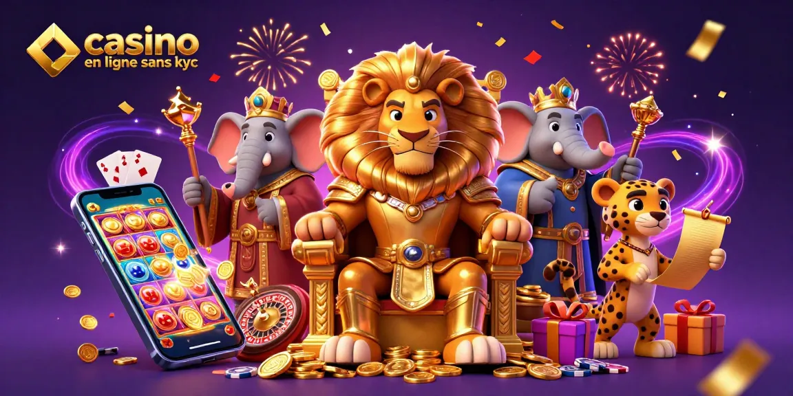 Jouez avec assurance dans un casino en ligne sans KYC, entouré de personnages emblématiques et d'effets festifs.