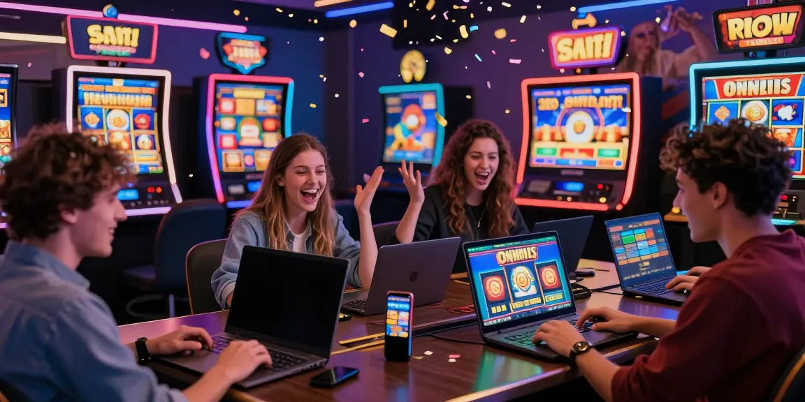 Excited players enjoying slot online games in a digital casino environment filled with vibrant colors and energetic atmosphere.