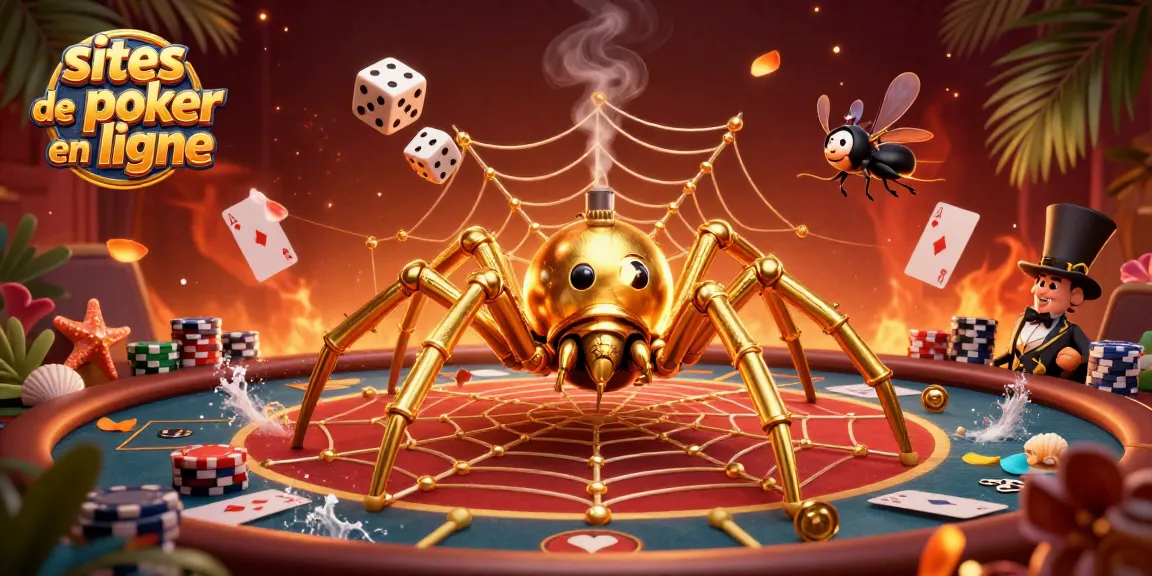 Jouez sur des sites de poker en ligne et explorez la toile d’un araignée dynamique faite de jetons de poker et de dés chanceux.