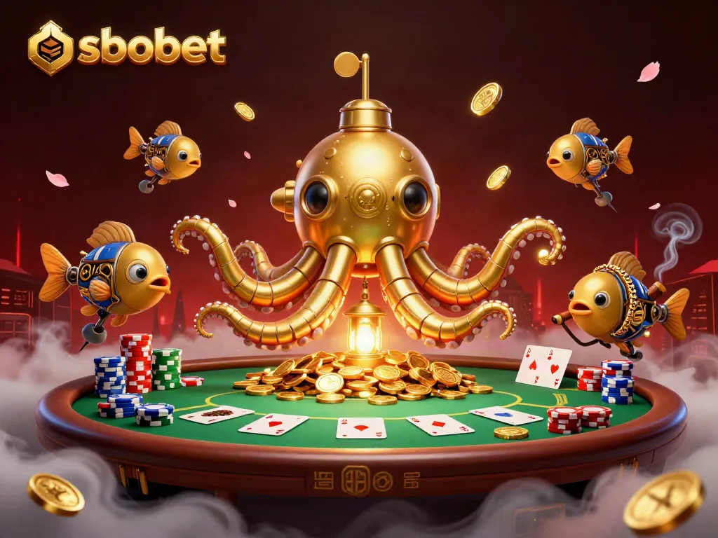 Experience sbobet's thrilling betting with the kraken submarine amidst golden coins and poker excitement.