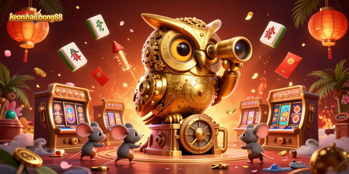 Engage with keonhacaibong88 as the golden owl oversees a bustling casino scene full of excitement.