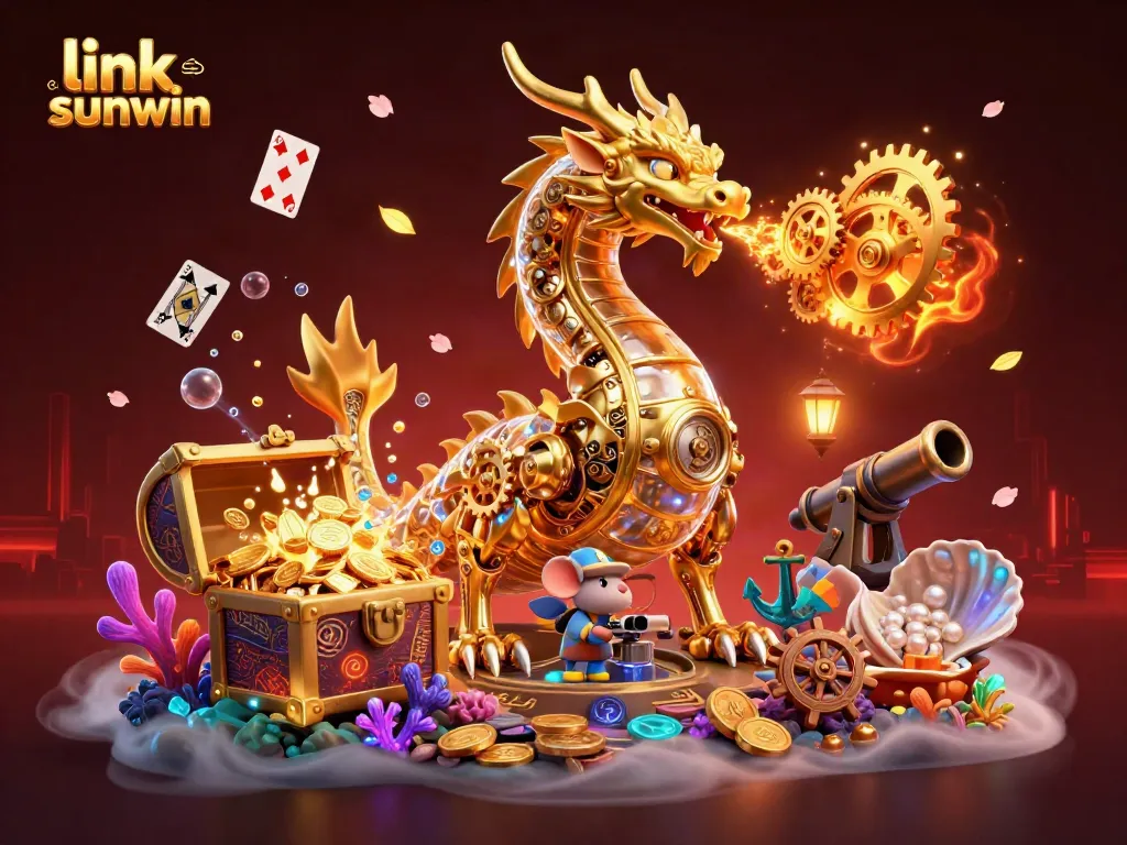 Experience exciting gameplay with link sunwin as a golden dragon breathes gears amidst a treasure-filled underwater scene.
