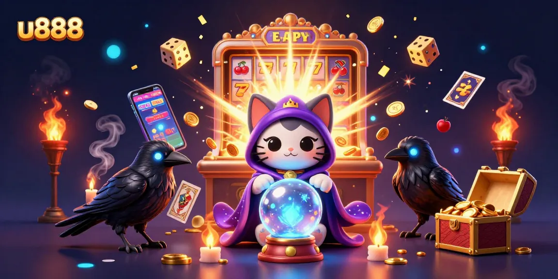 Engage with thrilling gameplay at u888 featuring vibrant slot symbols, a fortune teller cat, and wild new games.