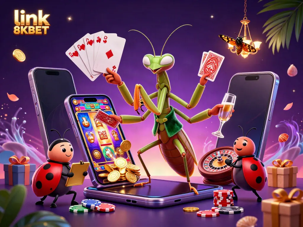Play exciting games like slots with 8KBET - A vibrant, dynamic illustration featuring lively characters.