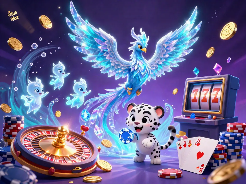 Experience the magic of situs slot with an ice phoenix and playful snow leopard amidst dazzling casino elements.