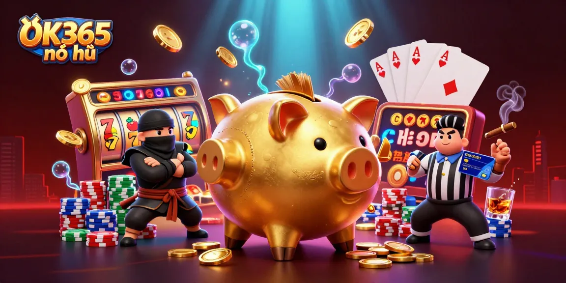 Engage with the electrifying world of OK365 nổ hũ as cartoon characters battle amidst coins, slot reels, and poker elements.