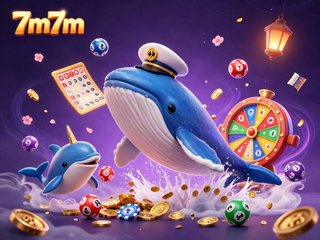 Experience the excitement of 7m7m as a whale and narwhal engage in thrilling casino fun amidst bouncing lottery balls and golden prizes.