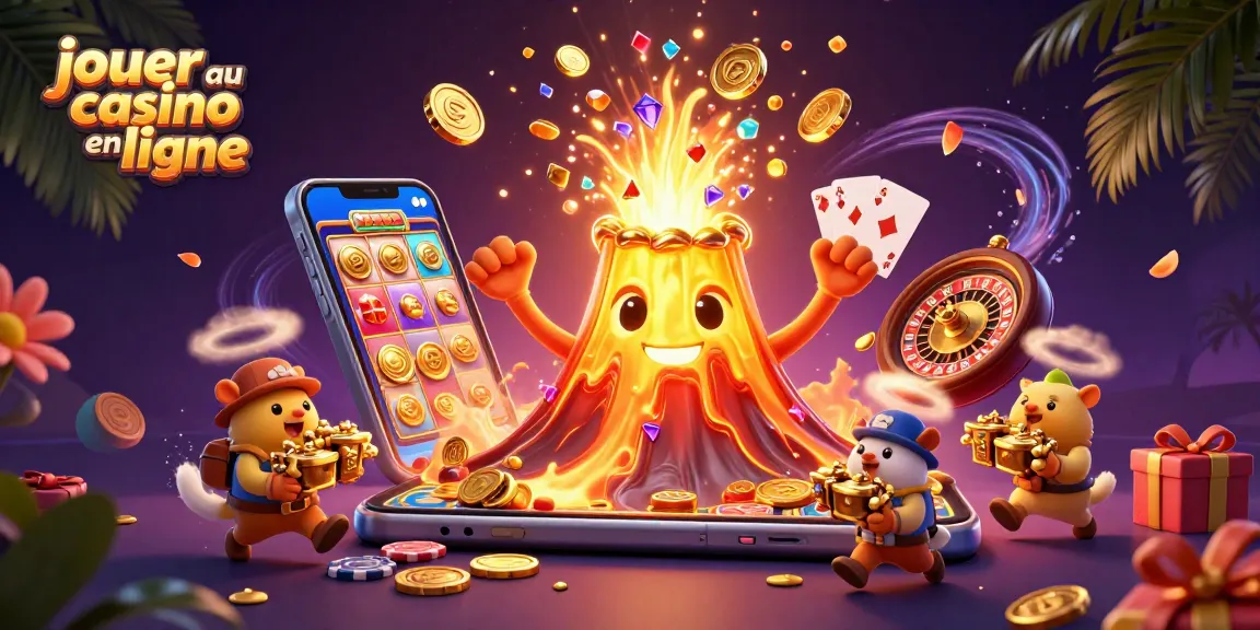 Jouer au casino en ligne avec un volcan doré triomphant, des jeux de cartes et une pluie de pièces.