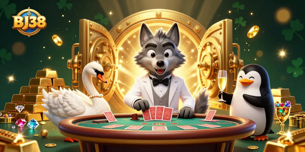 BJ38 showcases a vibrant 3D scene with a wolf, swan, and penguin in a rich casino environment.