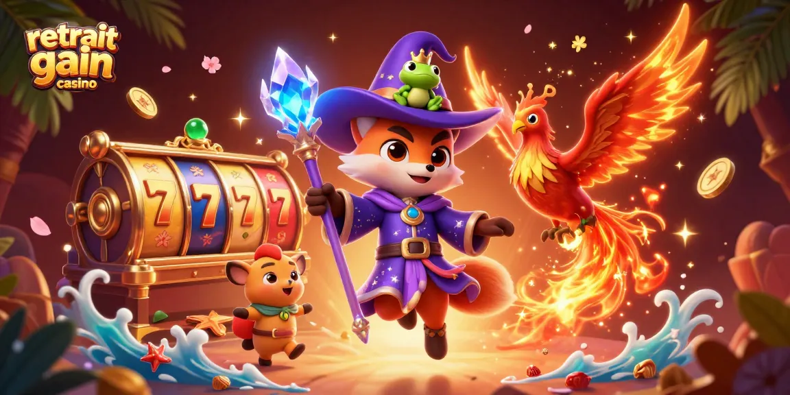 Visualisez un moment de victoire avec retrait gain casino, où un renard sorcier et un phénix illuminent la chance.