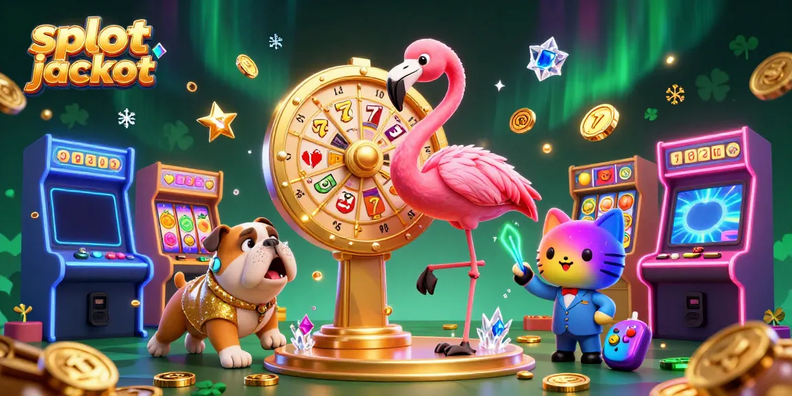 Engage with thrilling slot jackpot moments as a flamingo host spins a golden prize wheel, excitement in the air.