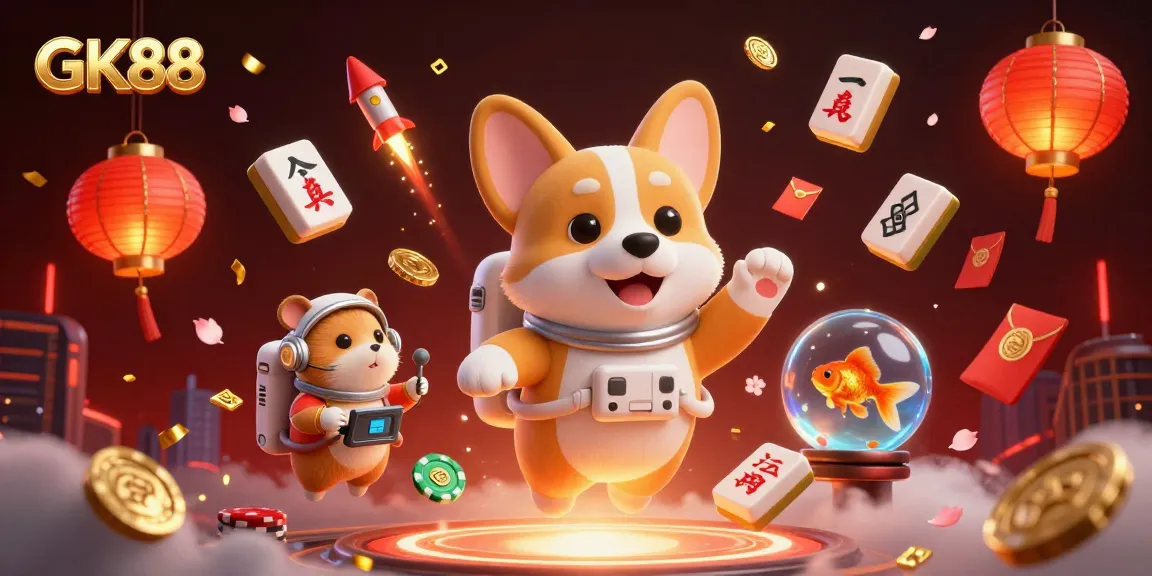 GK88 showcases a corgi astronaut engaging in thrilling casino action amidst floating game elements.