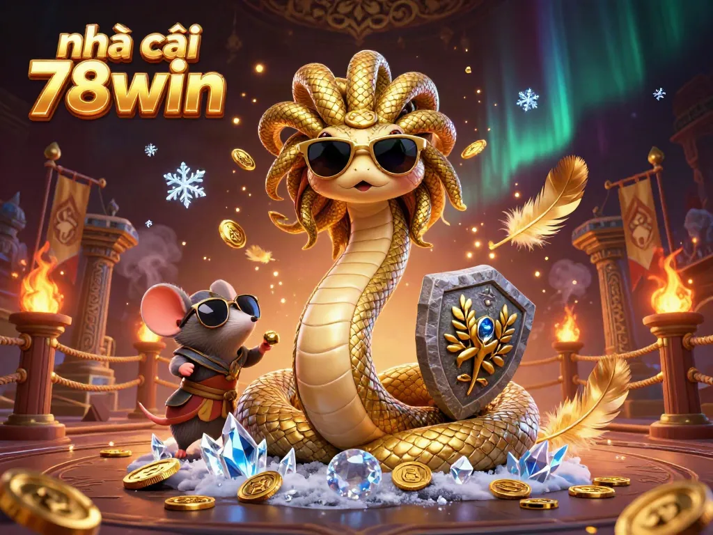 Engage with nhà cái 78win's vibrant gaming scene featuring Medusa and a warrior mouse amidst golden coins and cosmic elements.