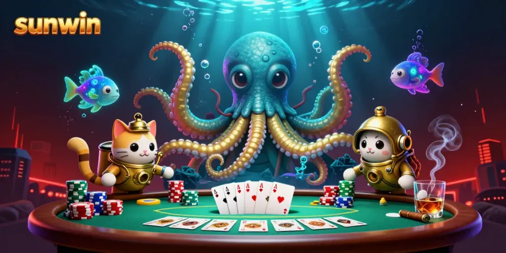 Engage in thrilling sunwin adventures with a kraken, diving cat, and poker action.