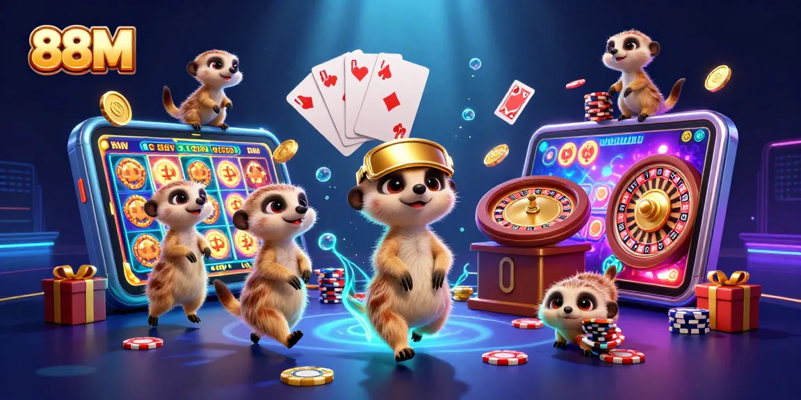 88M meerkats expertly navigate an extravagant casino scene with colorful slot games and dynamic gaming elements.