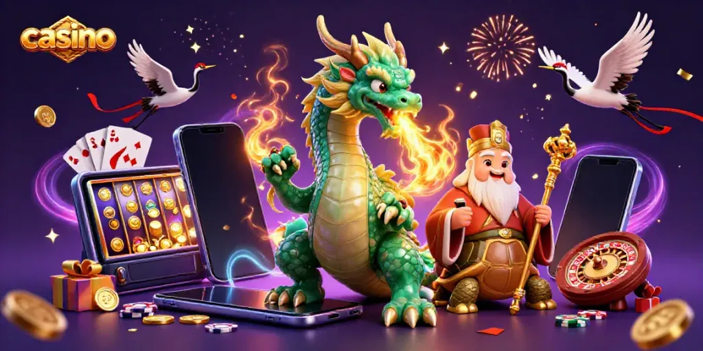 Experience the thrill of casino games with a magical dragon and fortune symbols in this vibrant illustration.