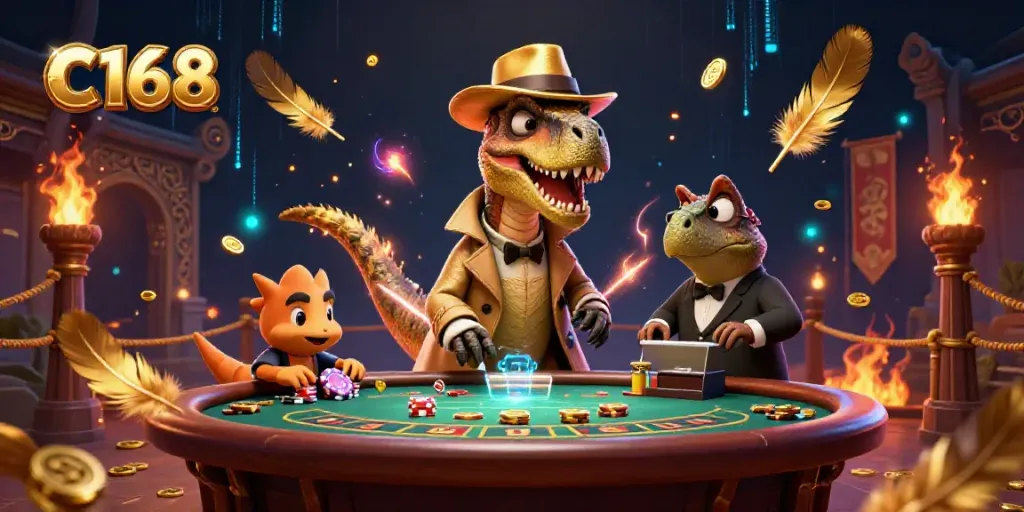 Experience C168 with cartoon velociraptors navigating the blackjack table in an exhilarating casino scene.