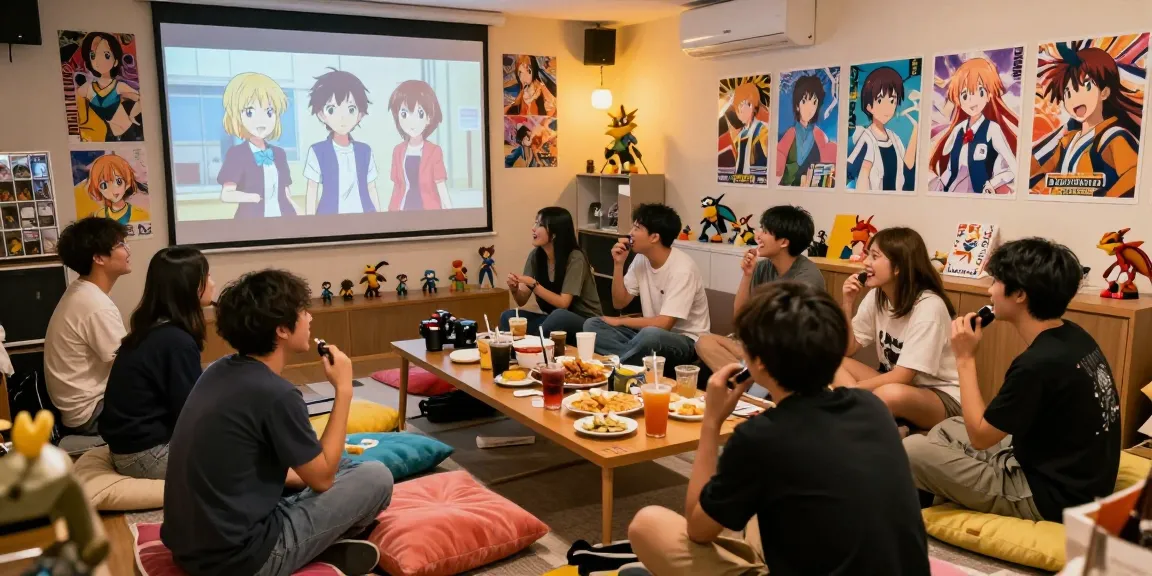 Anime Vietsub viewing party with fans enjoying Wistoria and Digimon in a cozy atmosphere.