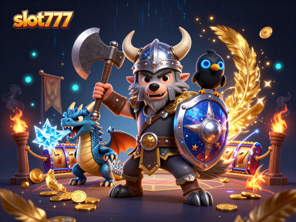Win big with slot777: A 3D scene showing Viking warrior, dragon, and raven amidst vibrant casino game elements.