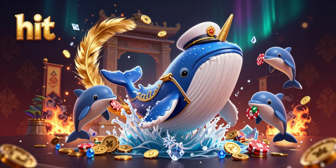 Hit casino excitement with a whale captain breaching through coins while dolphins perform tricks.
