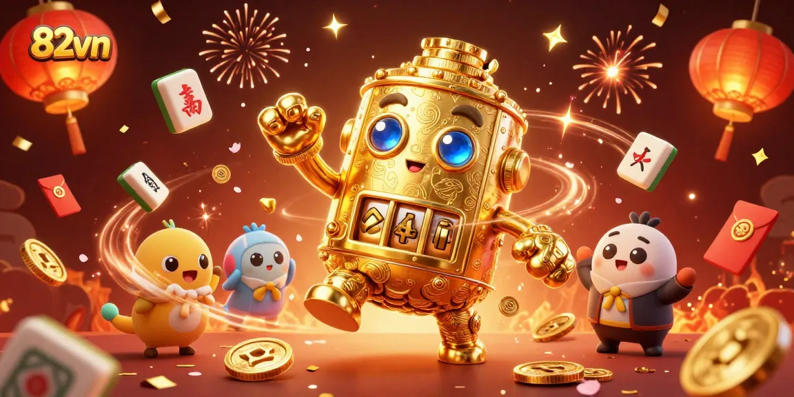 Engage with 82vn's vibrant scene of a golden golem and festive gambling elements celebrating winnings.