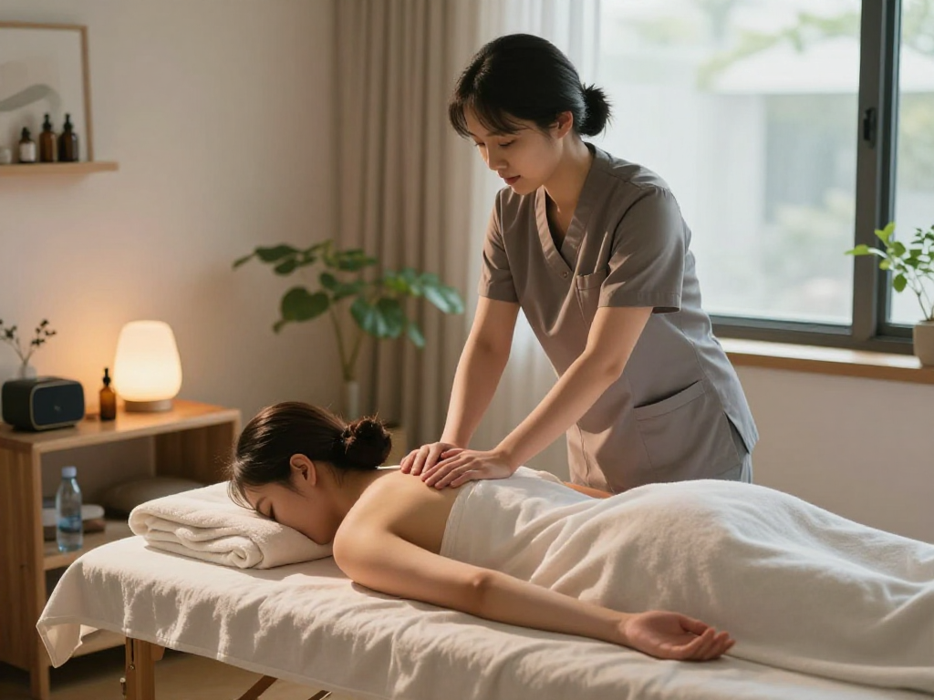 신촌출장안마 - Professional massage therapist providing a relaxing home massage service with aromatic oils and soft lighting.