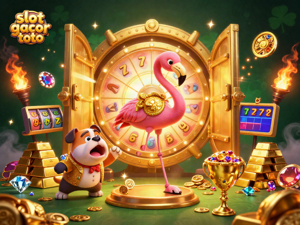 Engage with slot gacor toto excitement, as our animated host spins the prize wheel in a vibrant casino scene.