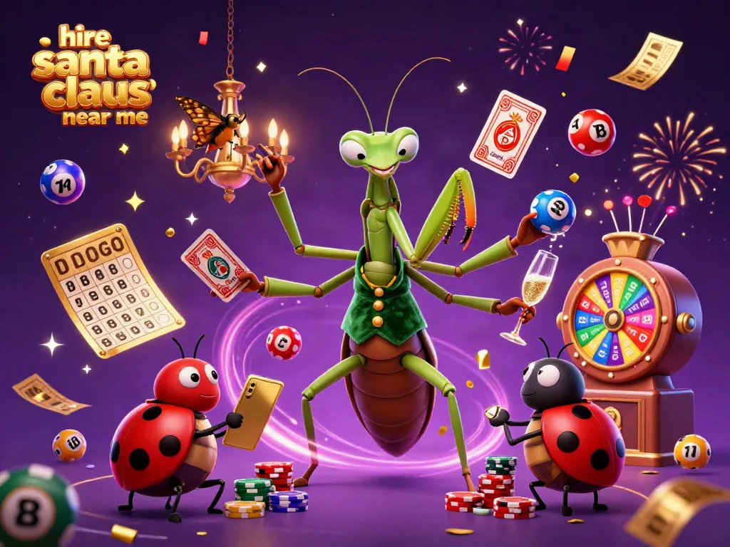 Experience joy as you hire Santa Claus near me with vibrant casino elements in a festive scene.