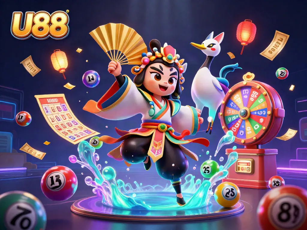 Engage in thrilling U88 casino action with vibrant lottery elements and dynamic characters.