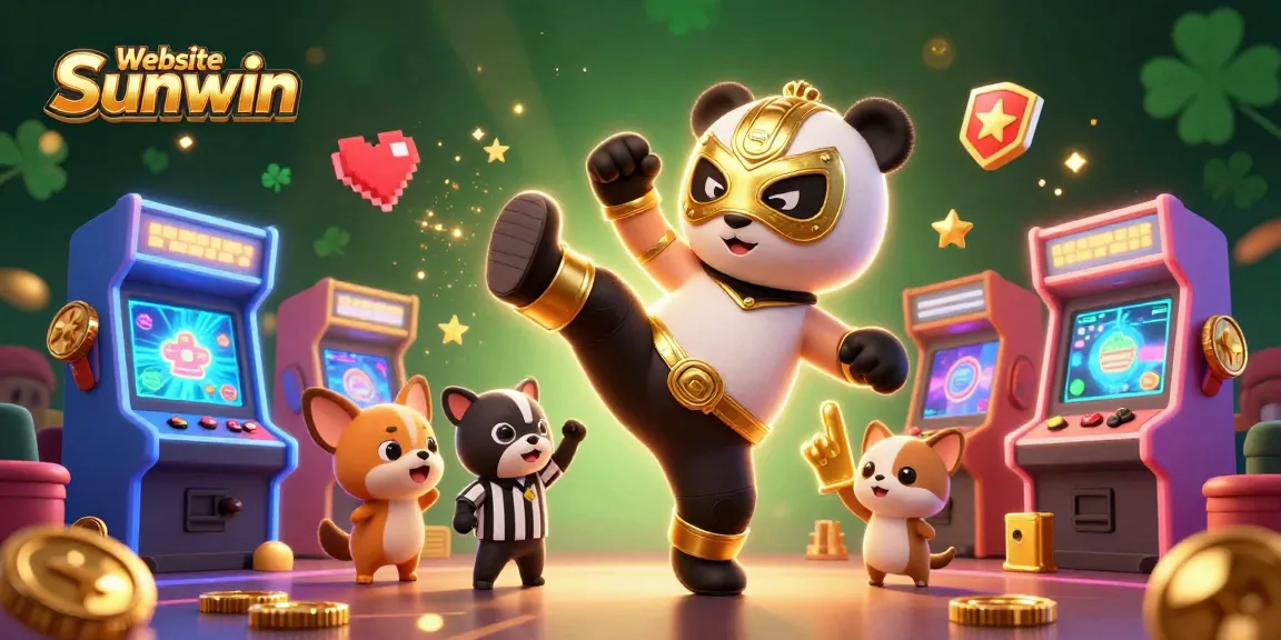 Experience thrilling action at Website Sunwin with a wrestler panda kicking while surrounded by vibrant casino game elements.