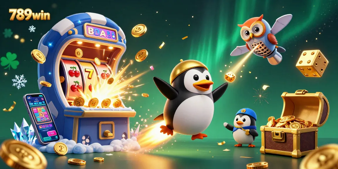 Experience the thrill of 789win's vibrant casino games with a golden penguin blasting past a jackpot!