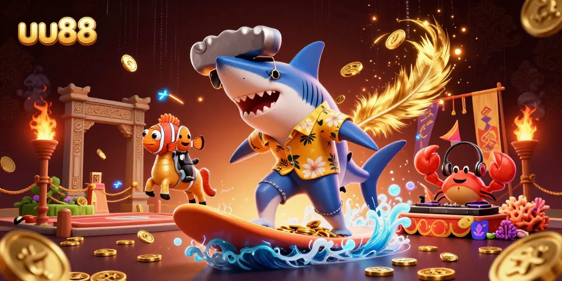 Experience the thrill of gaming with uu88, featuring a surfing shark surrounded by gold coins and vibrant casino elements.
