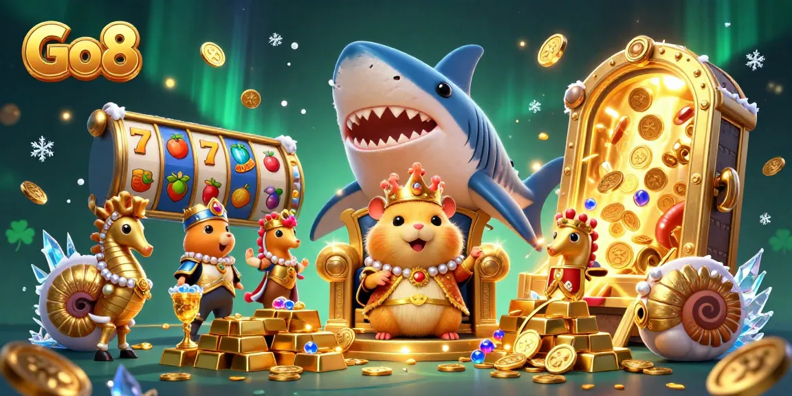 Engage with Go8's thrilling casino experience featuring slot game elements and a vibrant treasure scene.