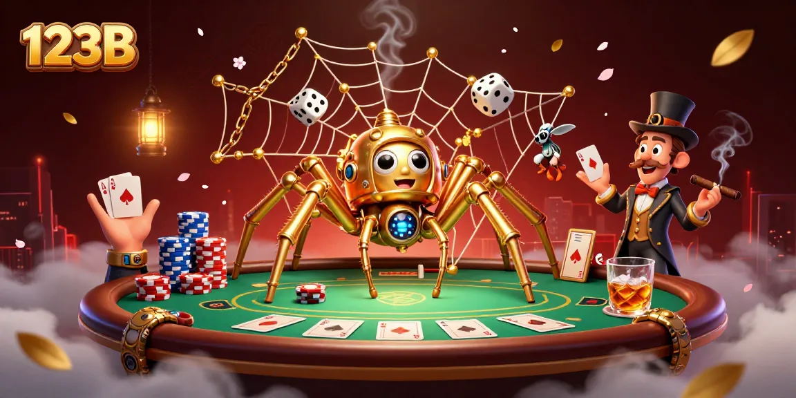 123B captures players in a vibrant steampunk casino scene with poker elements and golden charm.