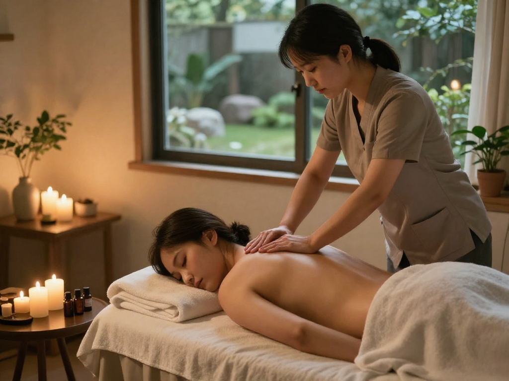 송도출장마사지 therapy session in a cozy home environment with relaxing candles and soothing ambiance.