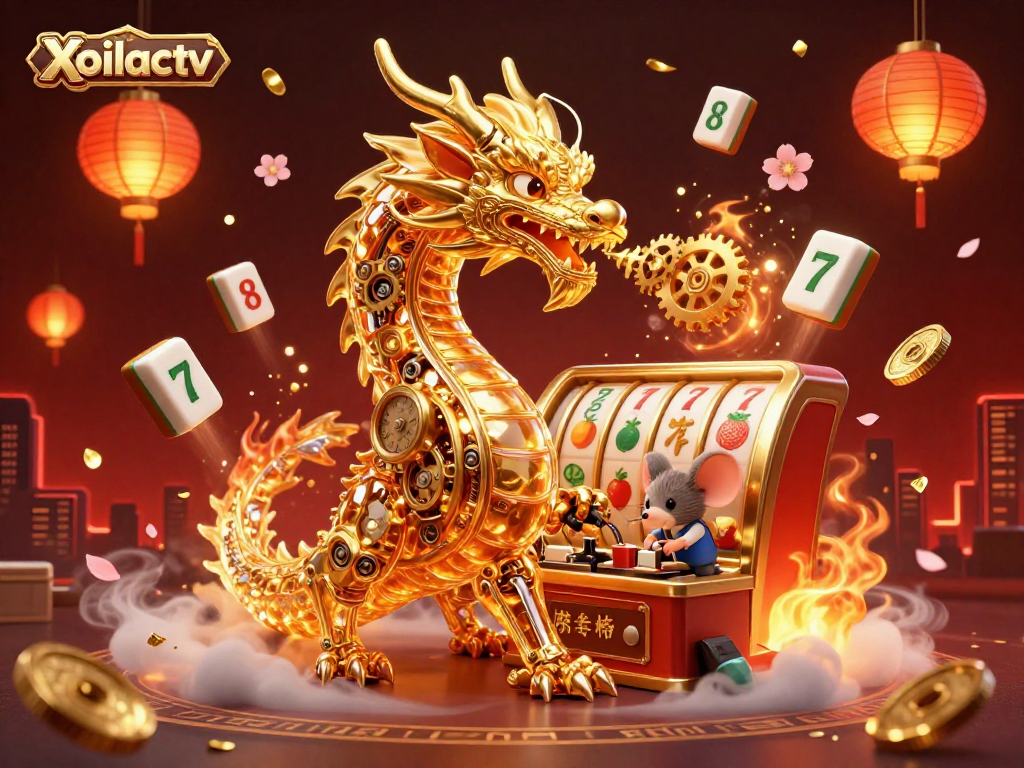Xoilactv offers thrilling gambling experiences, showcasing a golden dragon in a vibrant slot scene.